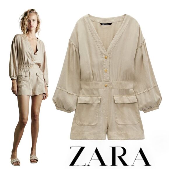 Zara Pants - ZARA | Sand | PATCH POCKET SHORT JUMPSUIT